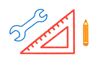 drawing of a wrench, a 'set square', and a pencil